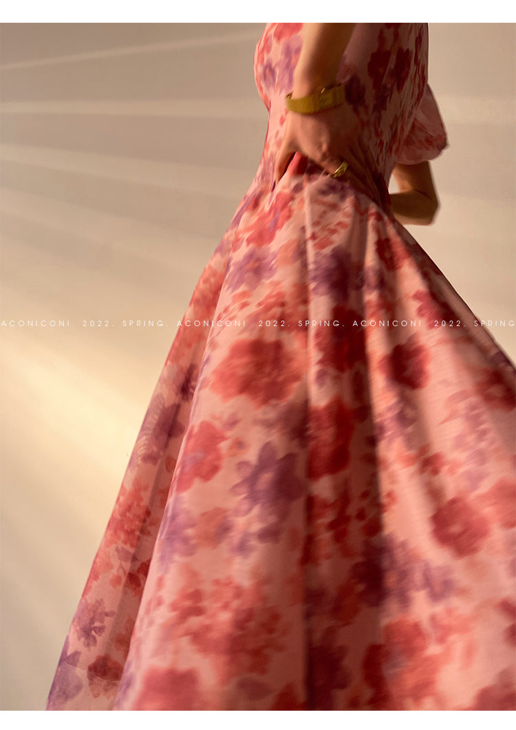 Aconiconi|Romantic French print luxury handmade haute couture beaded v-neck midi dress - Pilore