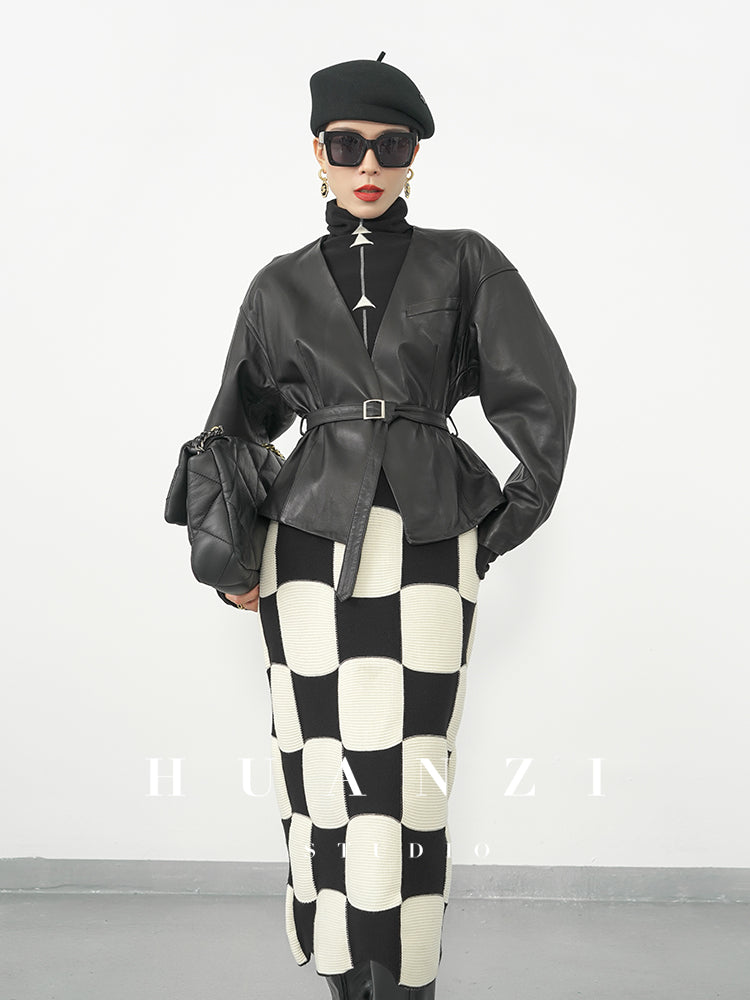 Huanzi classic black and white checkerboard high waist slim knitted fishtail skirt for women- Tiloa