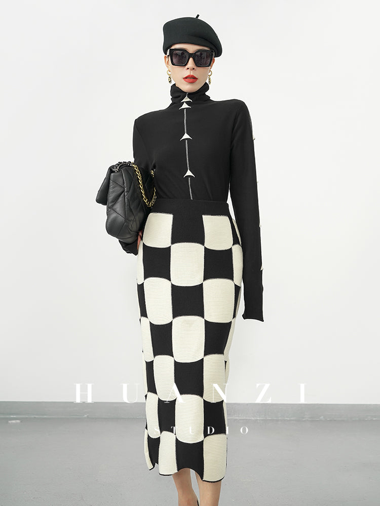 Huanzi classic black and white checkerboard high waist slim knitted fishtail skirt for women- Tiloa