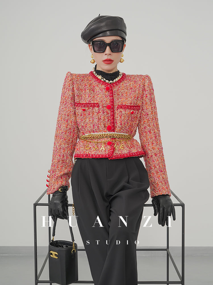 Huanzi custom 2022 autumn and winter new high-definition handmade red tweed temperament lady style small fragrant wind jacket female
