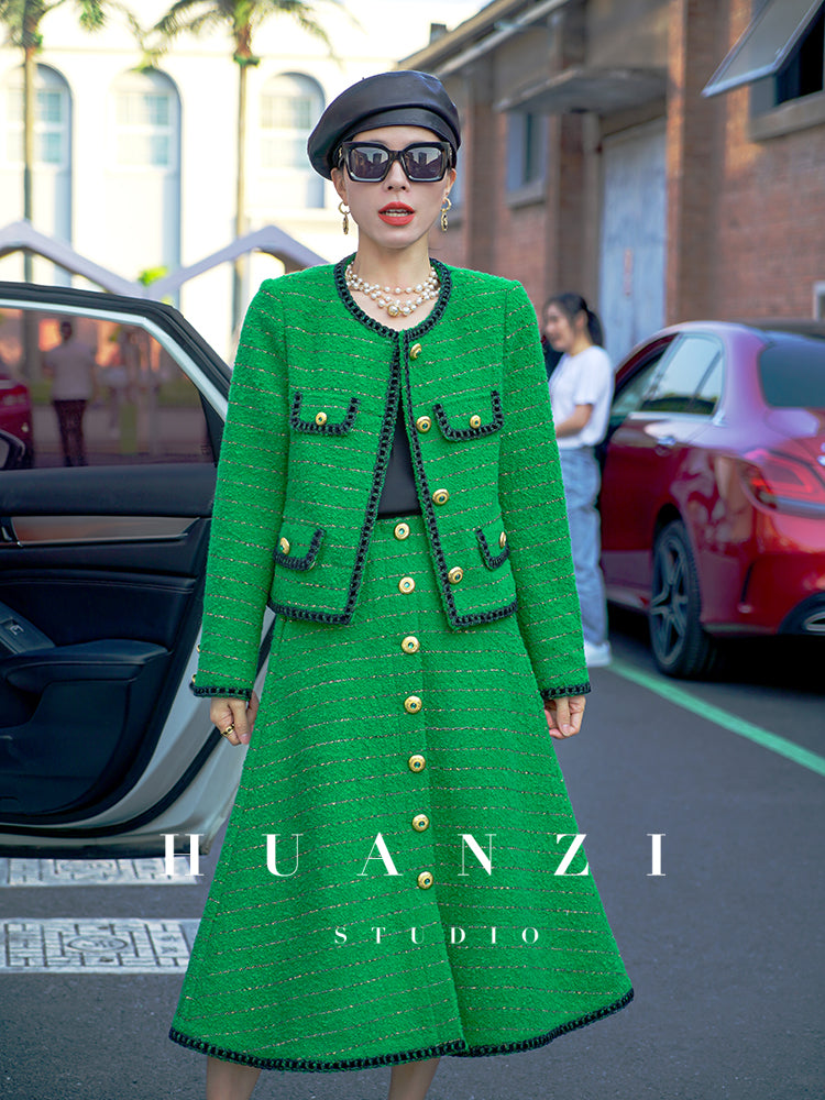 Huanzi tweed wool small suit autumn and winter new green short coat suit set- Lilibeth