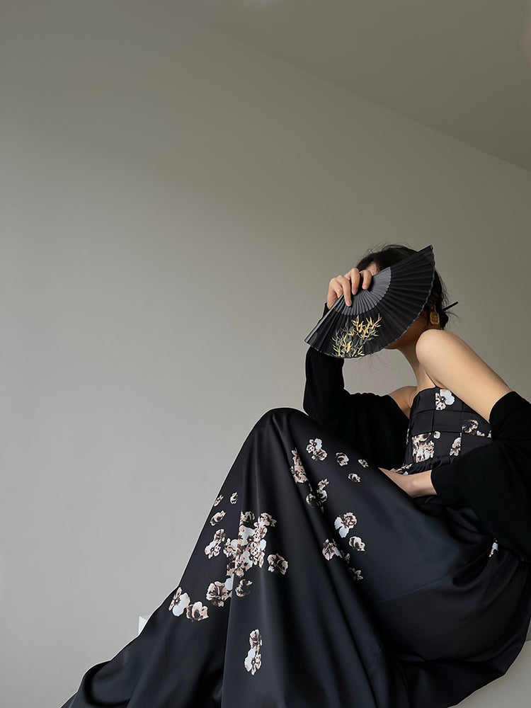 Aconiconi|Luxury French japanese retro print tube top suspender loose dress - Kimiko