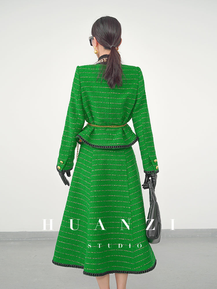 Huanzi tweed wool small suit autumn and winter new green short coat suit set- Lilibeth