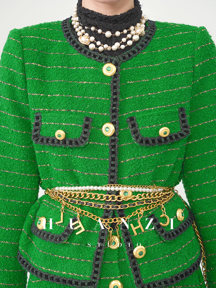 Huanzi tweed wool small suit autumn and winter new green short coat suit set- Lilibeth