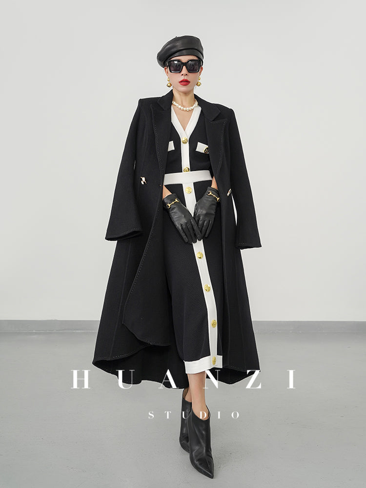 Huanzi custom double-sided cashmere coat women's black woolen coat fishtail slim fit and thin- Baty