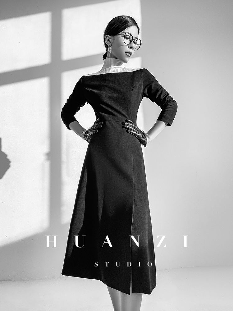 Huanzi new elegant classic black high turtle neck dress - Kios