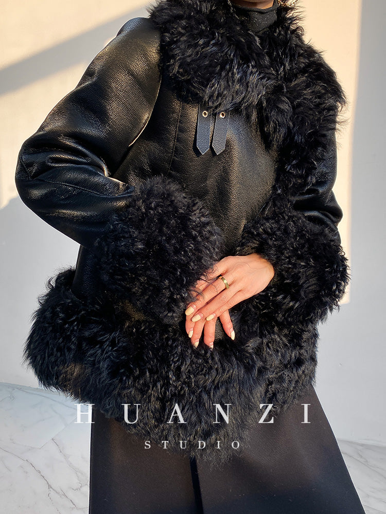Huanzi custom craft winter fur one-piece wool lamb collar leather jacket - Sioed