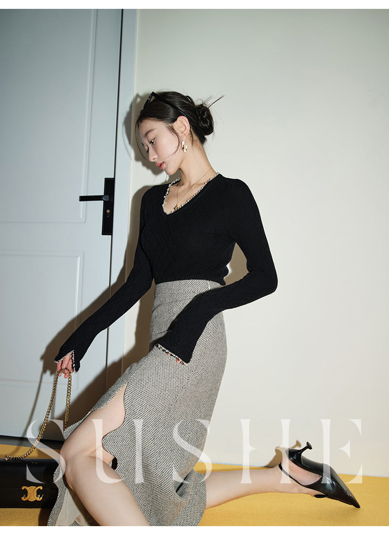 SUSHE Heavy Elegant Wave Slit Spring Skirt - monet vision