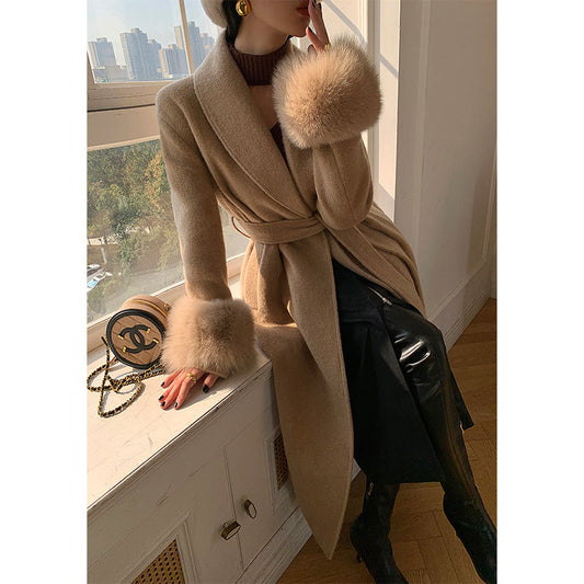 Beige WANXO vegann fur waist tie woolen coat new fashion medium and long woolen coat- Katy