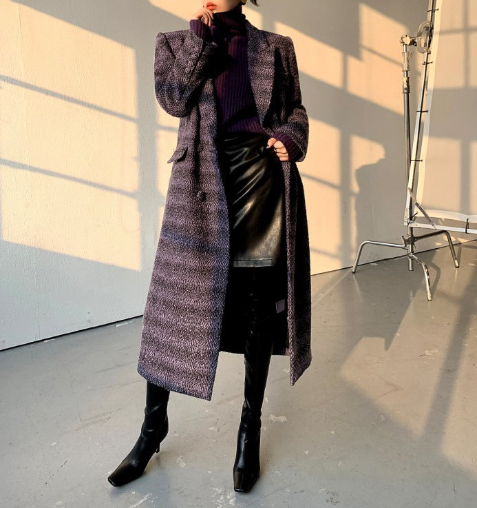 Purple WANXO coffee color herringbone quilted woolen coat new mid-length suit woolen coat- Passion