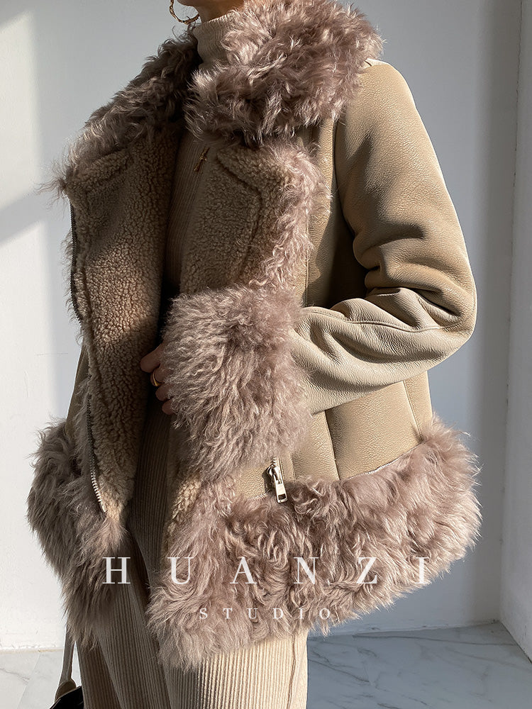 Huanzi custom craft winter fur one-piece wool lamb collar leather jacket - Sioed