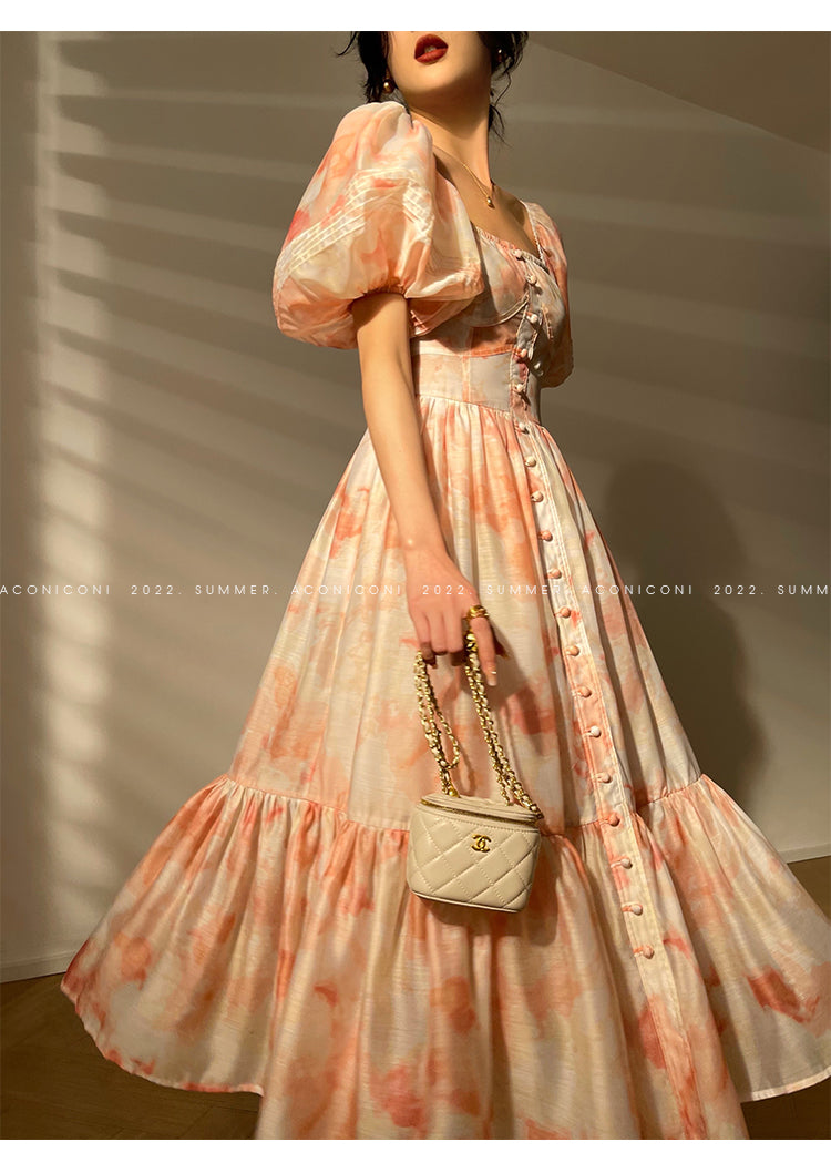 Aconiconi|Romantic elegant French puff sleeve off-shoulder high-end midi dress - Flower Moon