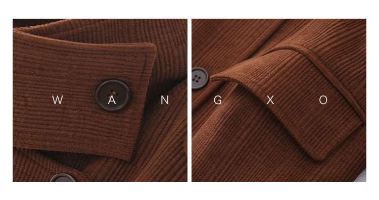 Black WANXO color stand collar corduroy coat new loose medium and long woolen coat- Sala