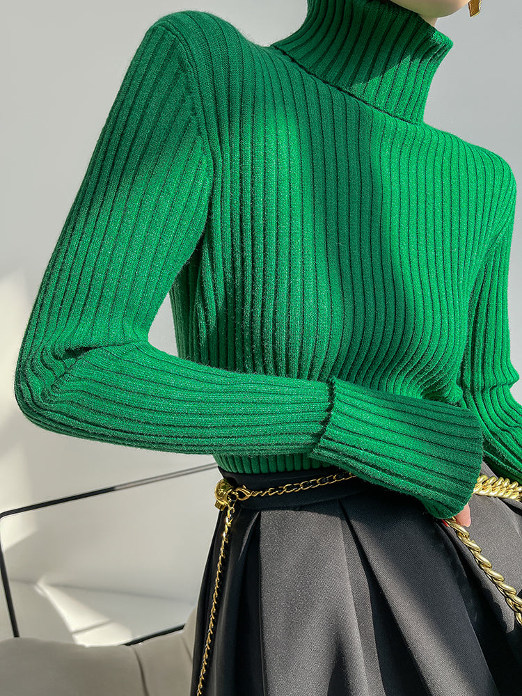 High end pile collar knitted turtleneck sweater -Sulia Painting Green