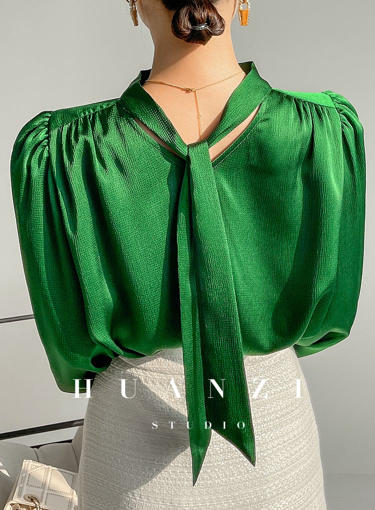 Huanzi new puff sleeves silk satin shirts top blouse - Oitr
