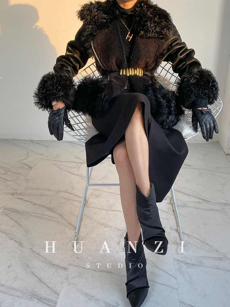 Huanzi custom craft winter fur one-piece wool lamb collar leather jacket - Sioed