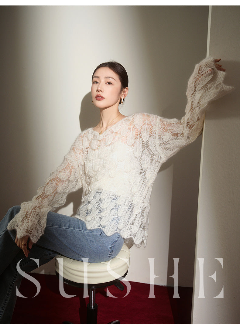 luxury high-end Romantic ultra-young mohair cropped neckline pullover sweater