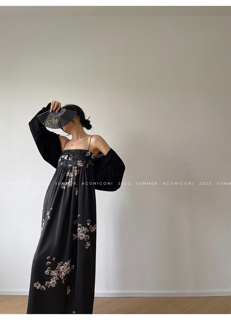 Aconiconi|Luxury French japanese retro print tube top suspender loose dress - Kimiko