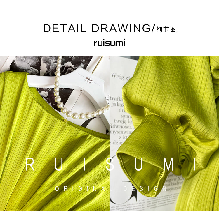 French romantic light luxury satin pleated waist lantern bat sleeve midi tea dre - Aplss