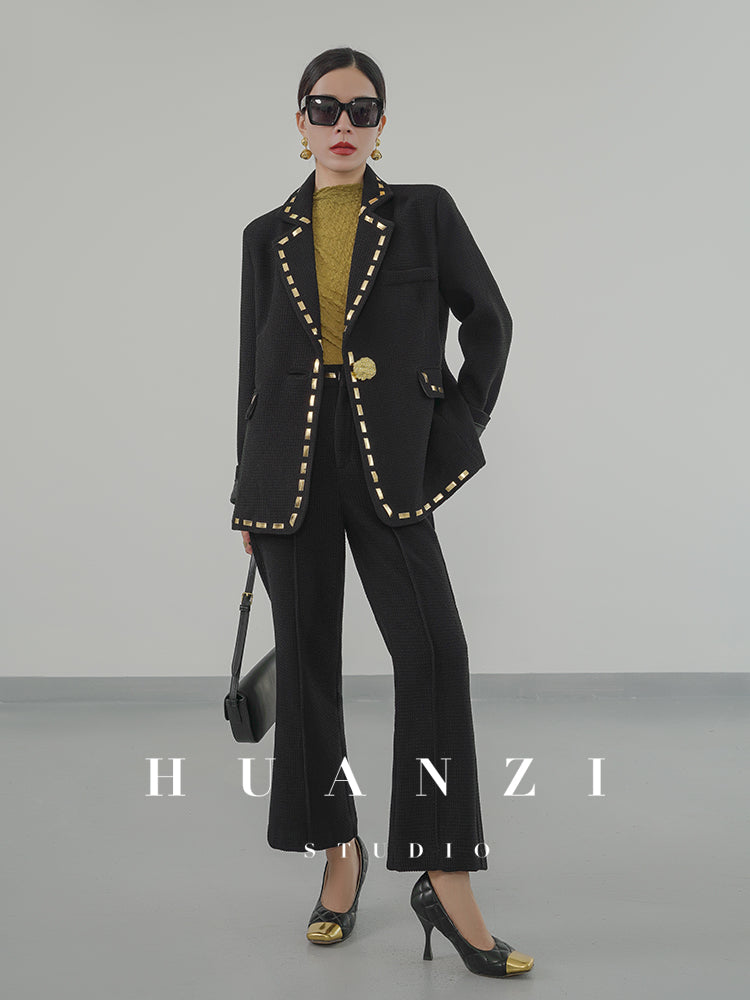 Huanzi new handmade micro-wide suit jacket with back slit straight-leg micro-launched trousers suit set- Emera