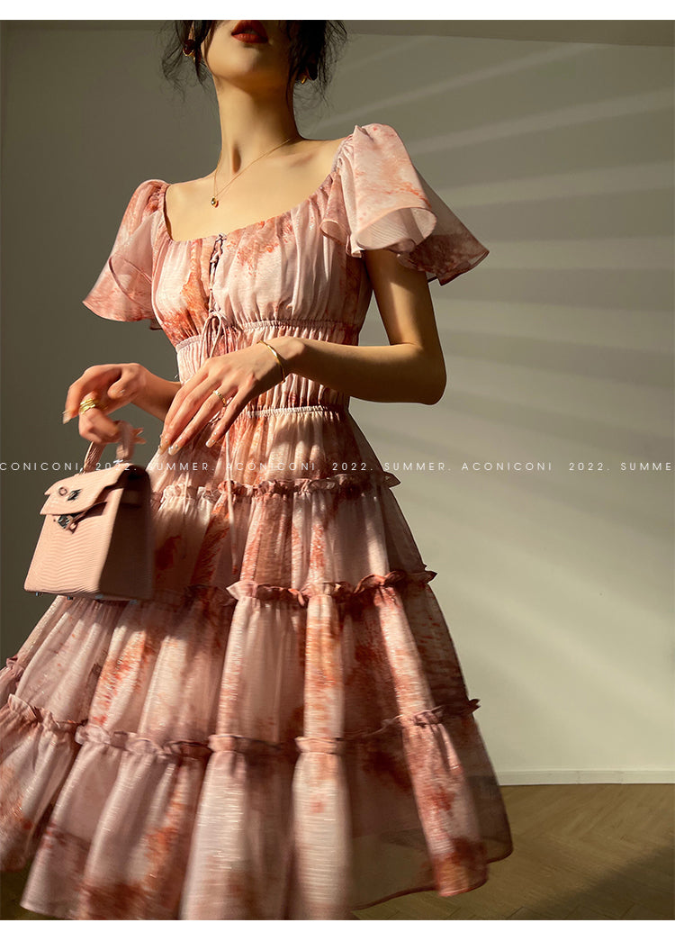 Aconiconi|Fireworks French Print High end Design flowy floral Dress - Atami