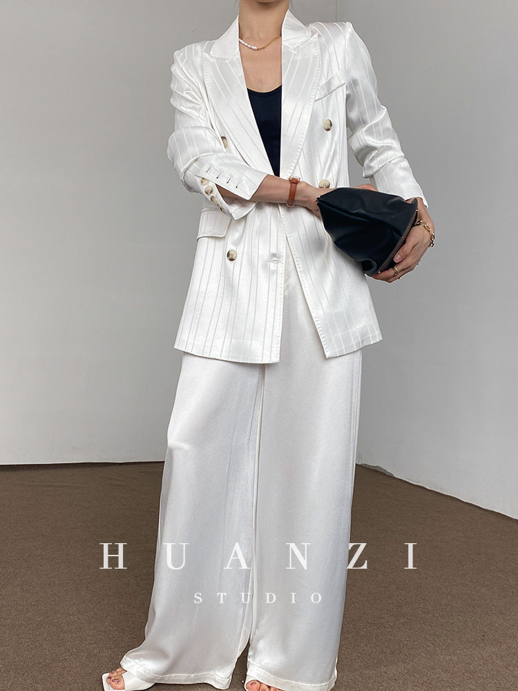 Huanzi high end tri-acetic satin drape high-end suit white silk blazer suit -Bioba