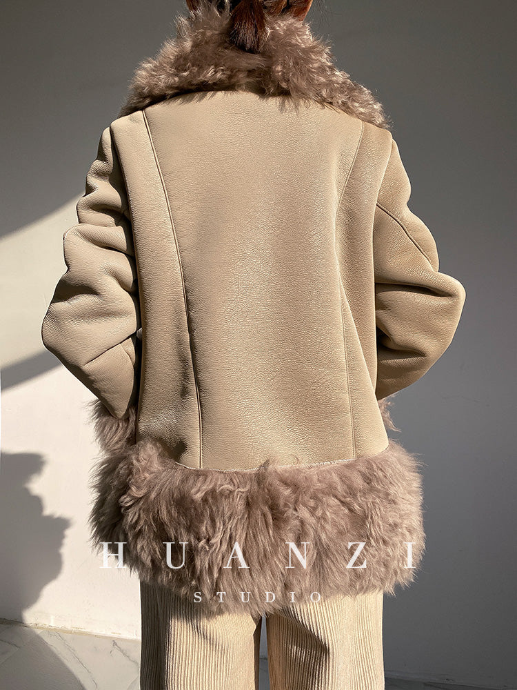 Huanzi custom craft winter fur one-piece wool lamb collar leather jacket - Sioed