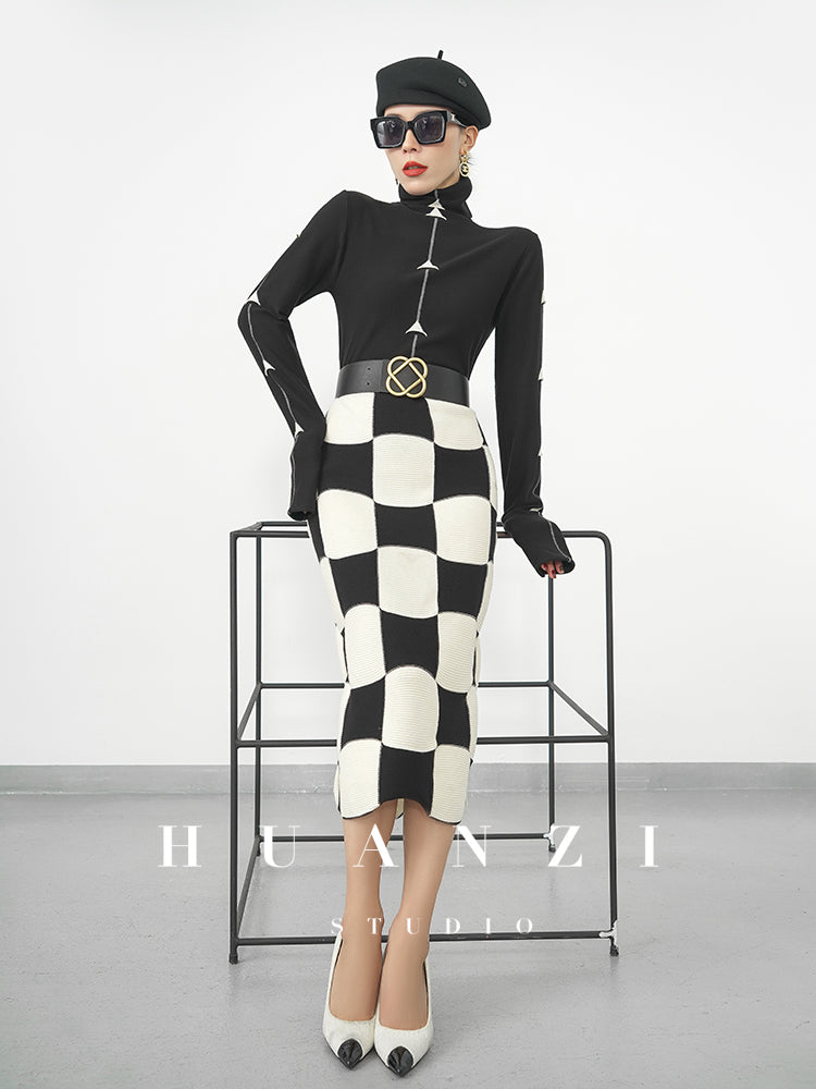 Huanzi classic black and white checkerboard high waist slim knitted fishtail skirt for women- Tiloa