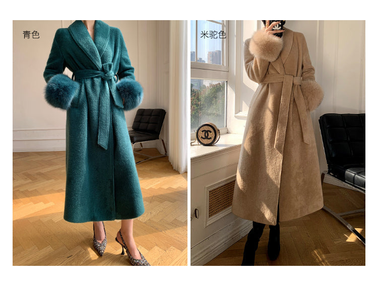 Beige WANXO vegann fur waist tie woolen coat new fashion medium and long woolen coat- Katy