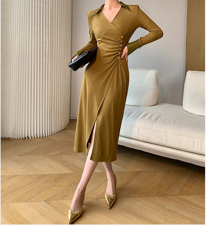 WANXO green v-neck shirt dress new waist and thin knitted slit bottoming skirt- Bella