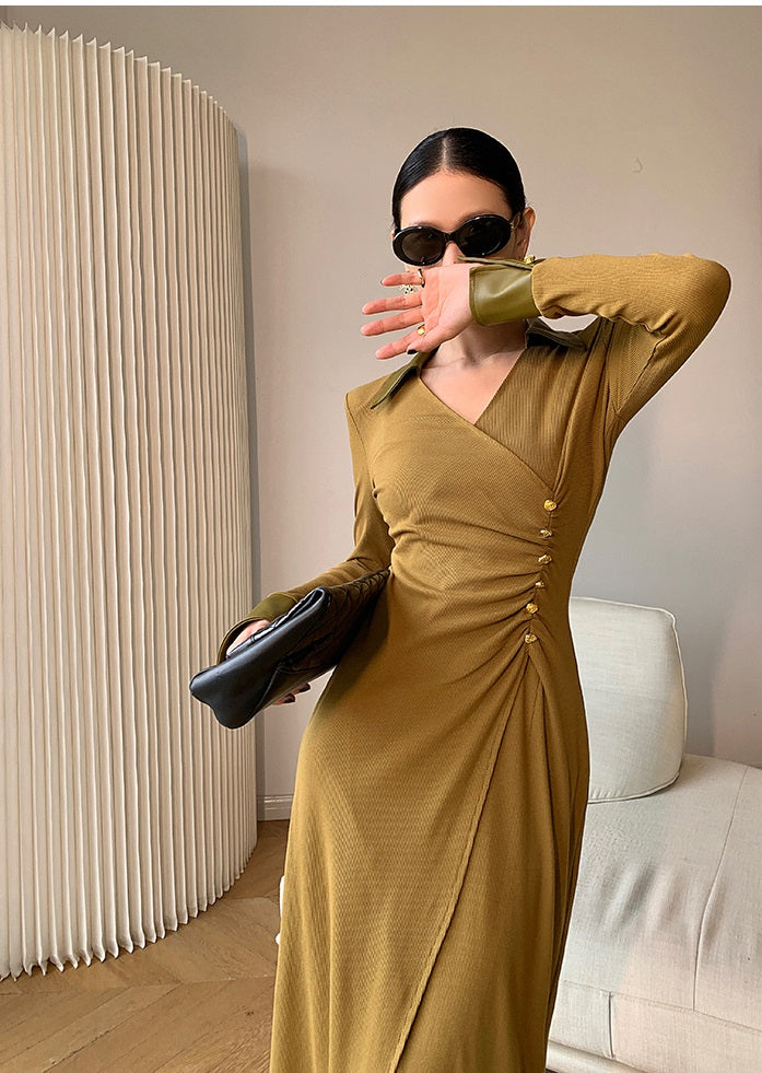 WANXO green v-neck shirt dress new waist and thin knitted slit bottoming skirt- Bella