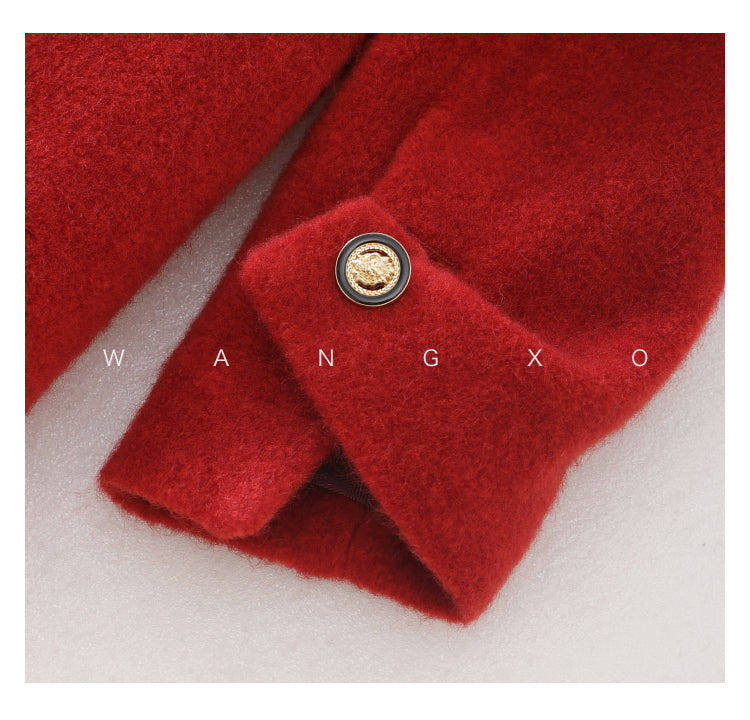 WANXO French red Hepburn style woolen coat new waist and thin long woolen coat- Crissy