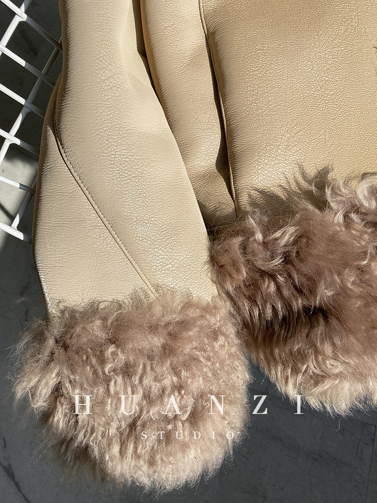 Huanzi custom craft winter fur one-piece wool lamb collar leather jacket - Sioed