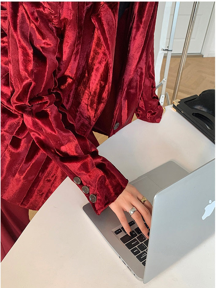 WANXO wine red acetate velvet suit jacket new high-end silhouette coat- Serena