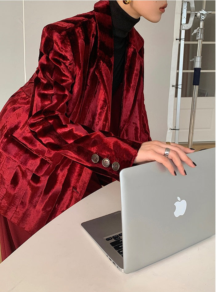WANXO wine red acetate velvet suit jacket new high-end silhouette coat- Serena