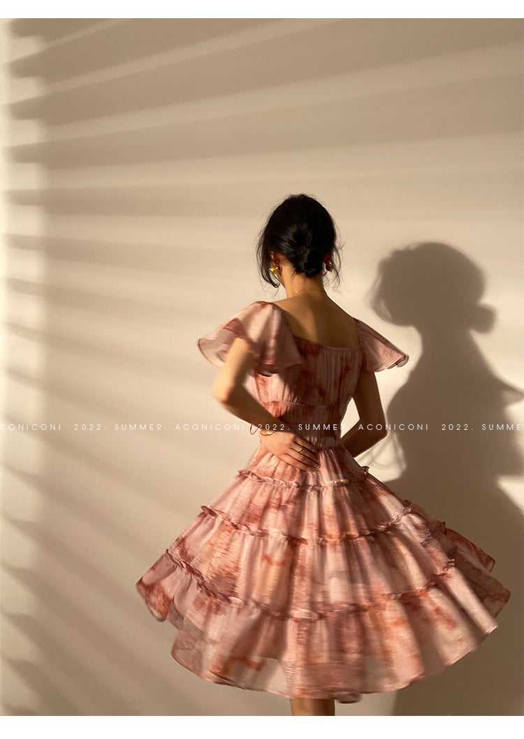 Aconiconi|Fireworks French Print High end Design flowy floral Dress - Atami