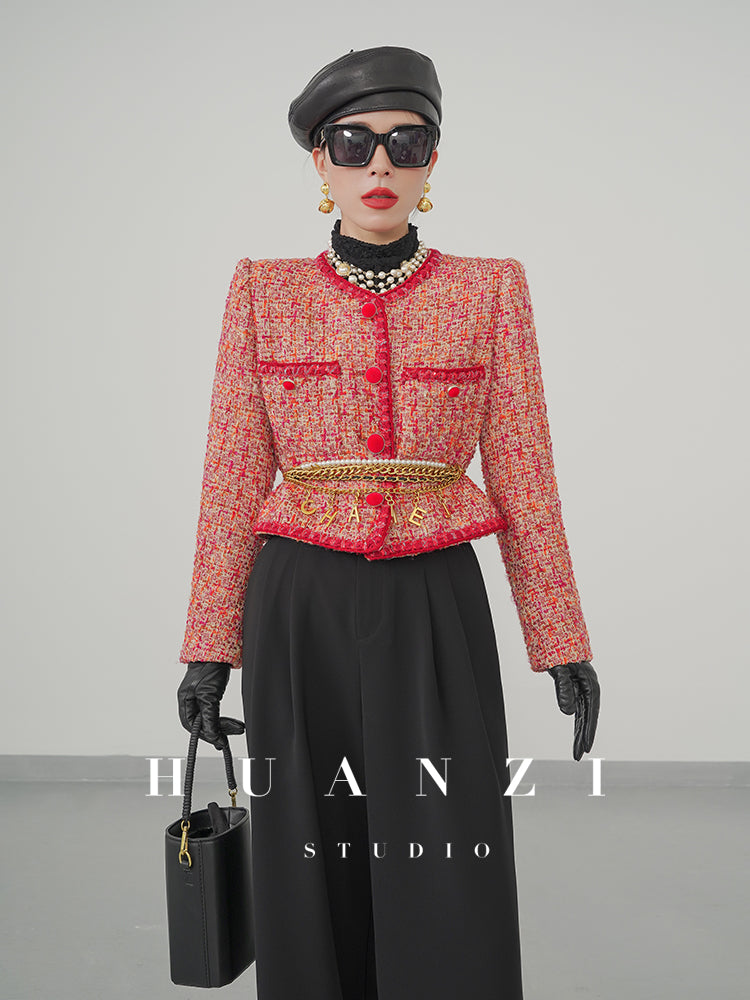 Huanzi custom 2022 autumn and winter new high-definition handmade red tweed temperament lady style small fragrant wind jacket female