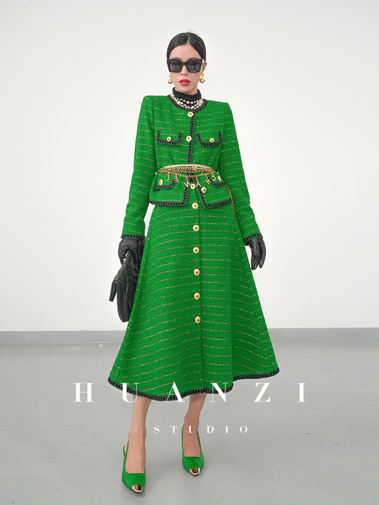 Huanzi tweed wool small suit autumn and winter new green short coat suit set- Lilibeth