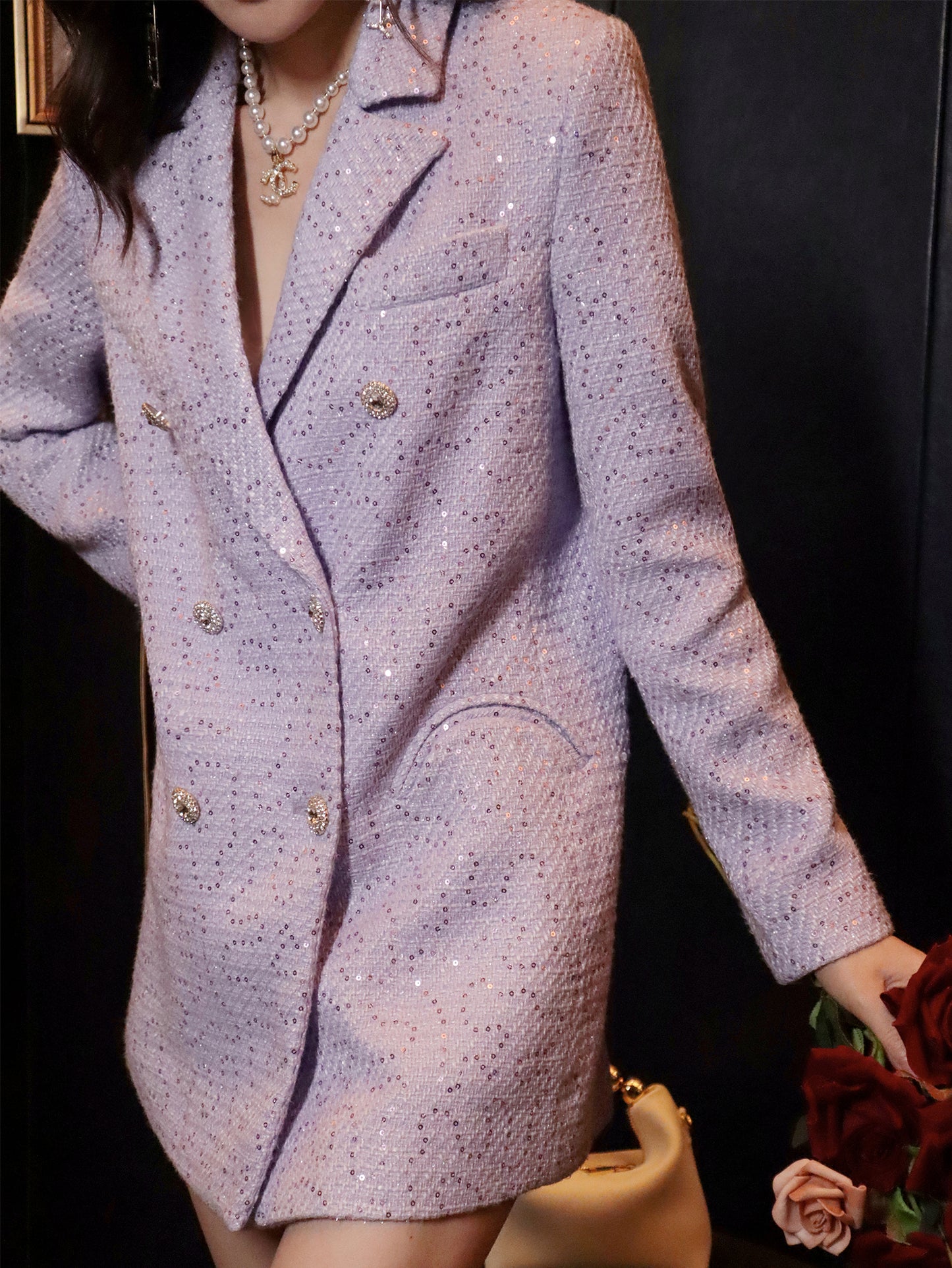 French elegant light luxury socialite high-end custom small fragrance purple sequin suit collar gentle suit jacket - Malu