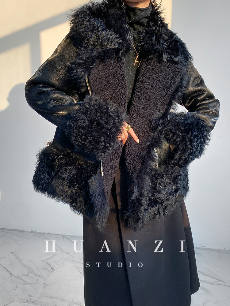 Huanzi custom craft winter fur one-piece wool lamb collar leather jacket - Sioed