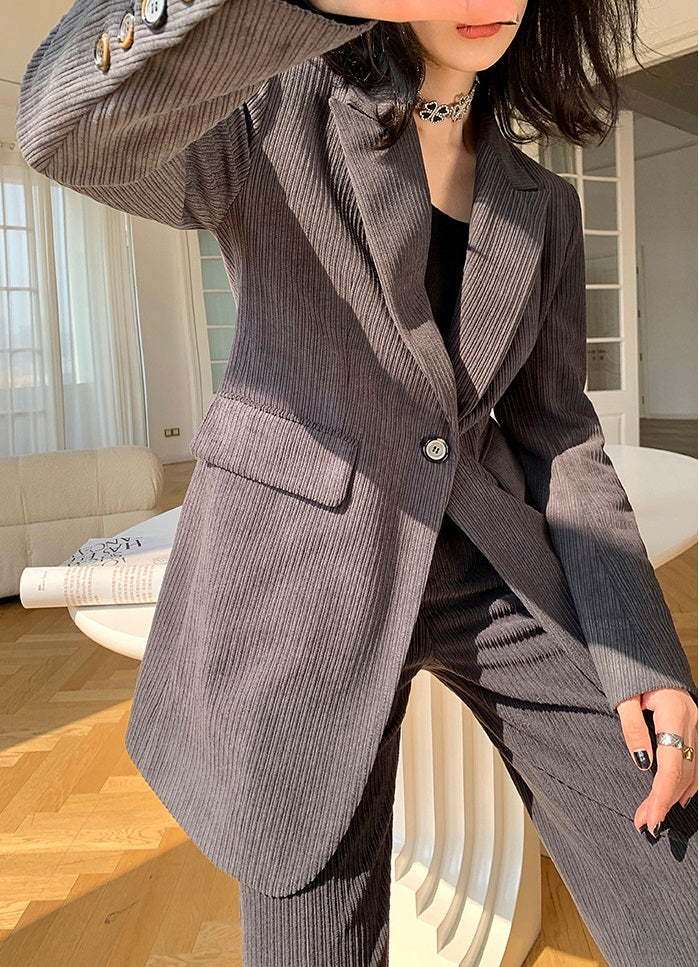 Gray WANXO retro corduroy two-piece suit new suit jacket high waist casual wide leg pants- Orfara