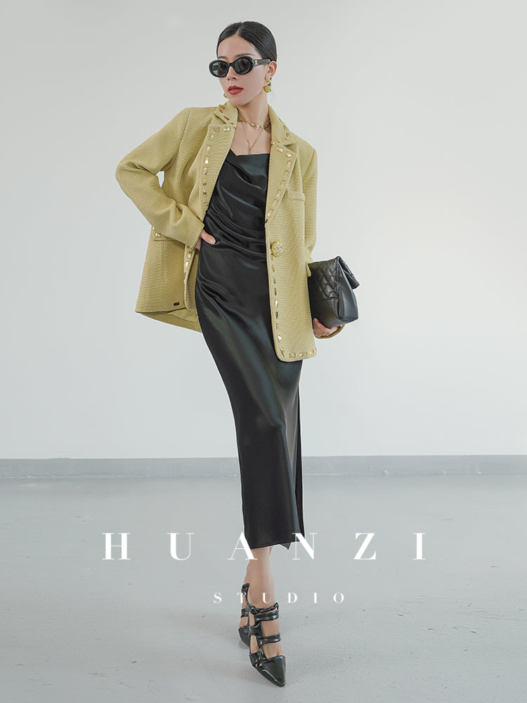 Huanzi new handmade micro-wide suit jacket with back slit straight-leg micro-launched trousers suit set- Emera