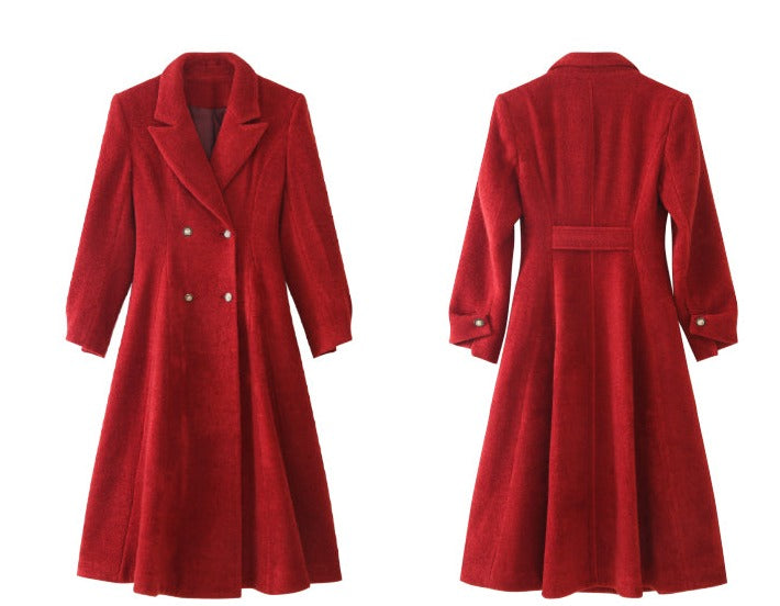 WANXO French red Hepburn style woolen coat new waist and thin long woolen coat- Crissy