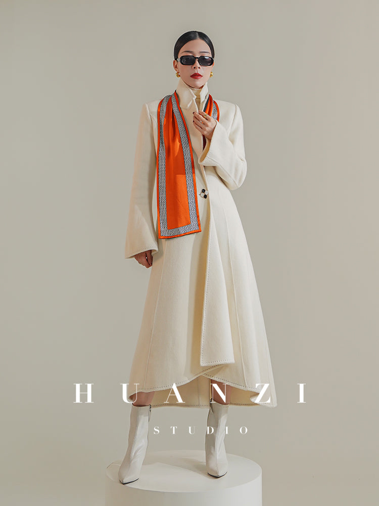 Huanzi custom double-sided cashmere coat women's black woolen coat fishtail slim fit and thin- Baty