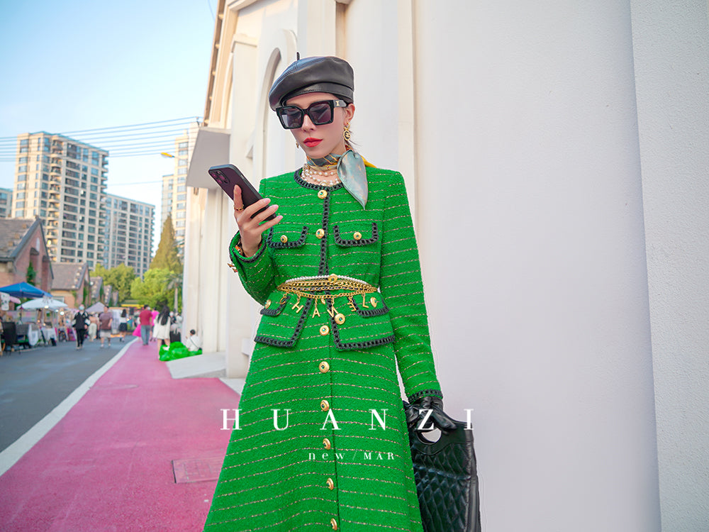 Huanzi tweed wool small suit autumn and winter new green short coat suit set- Lilibeth