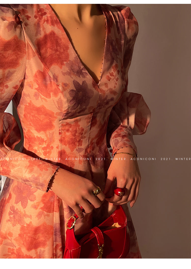 Aconiconi|Romantic French print luxury handmade haute couture beaded v-neck midi dress - Pilore