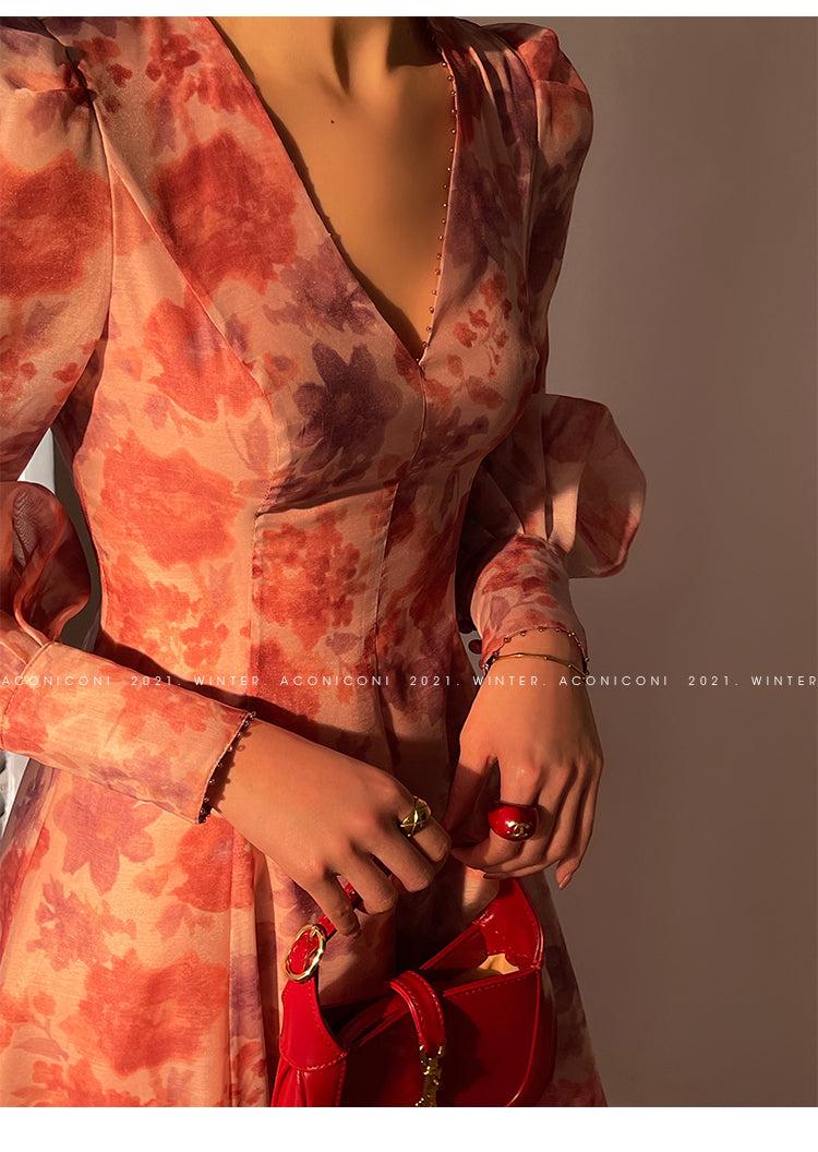 Aconiconi｜Romantic French print luxury handmade haute couture beaded v-neck midi dress - Pilore