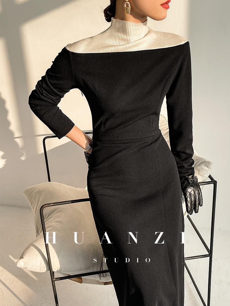 Huanzi new elegant classic black high turtle neck dress - Kios