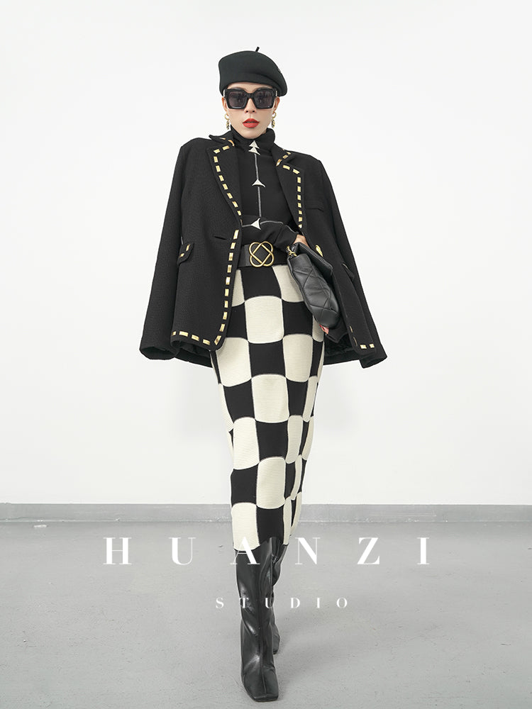 Huanzi classic black and white checkerboard high waist slim knitted fishtail skirt for women- Tiloa