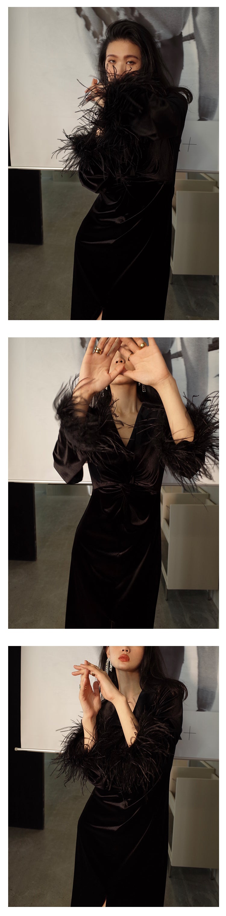Velvet Twisted Waist feather cuff Slit V-Neck lbd cocktail dress - Risoma